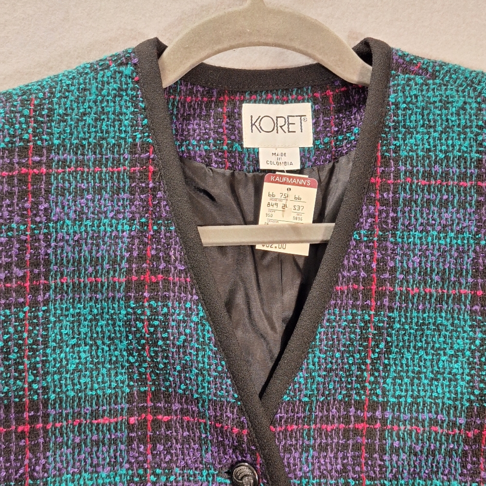 NWT Vintage 80s Jewel Tone Plaid Blazer Wool Blend Fitted USA Union Made Size 10 - Picture 5 of 15